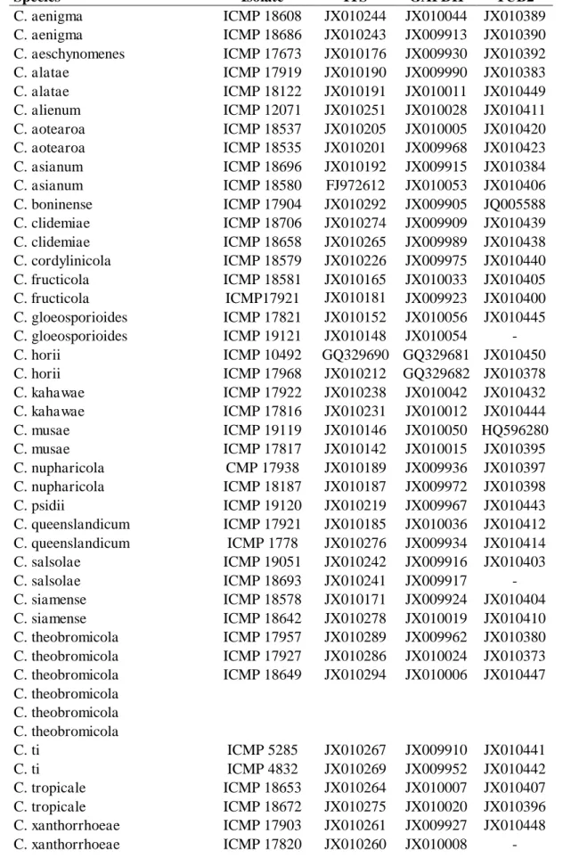 Table 1. Genbank acession numbers of DNA sequences of Colletotrichum/Glomerella  used in the phylogenetic analysis