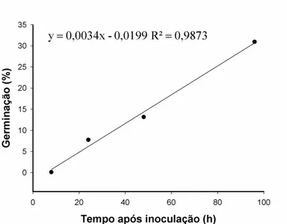 Figura 2. Porcentagem de germinação de conídios de Colletotrichum theobromicola em  relação ao tempo após a inoculação de folhas de eucalipto urograndis (clone CPC 006),  no escuro