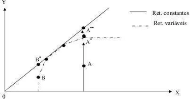 Figura 2: Retornos constantes e variáveis à escala com orientação à produto. 