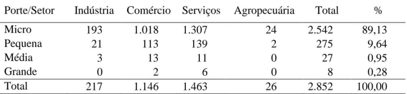 Tabela 1  – Número de Empresas Sediadas em Cabo Frio por Segmento e Porte em 2002  Porte/Setor  Indústria  Comércio  Serviços  Agropecuária  Total  % 