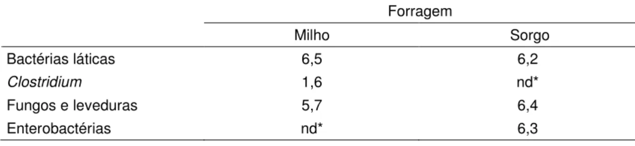 Tabela 2 – Valores médios (UFC/g) das populações microbianas nas plantas de  milho e de sorgo     Forragem  Milho  Sorgo  Bactérias láticas  6,5  6,2  Clostridium  1,6  nd*  Fungos e leveduras  5,7  6,4  Enterobactérias  nd* 6,3  * não determinado