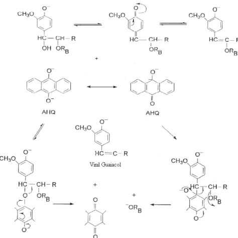 Figura  6.  Clivagem  da  estrutura  β-aril  éter  fenólica  pela  ação  redutiva  da  antraquinona (GRATZL, 1980)