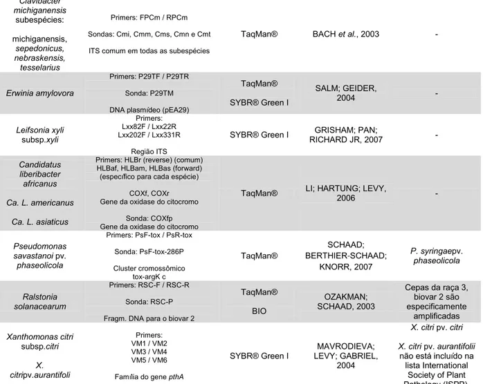 Tabela 4: (Continuação)  Clavibacter  michiganensis  subespécies:   michiganensis,  sepedonicus,  nebraskensis,  tesselarius  Primers: FPCm / RPCm  Sondas: Cmi, Cmm, Cms, Cmn e Cmt  ITS comum em todas as subespécies 