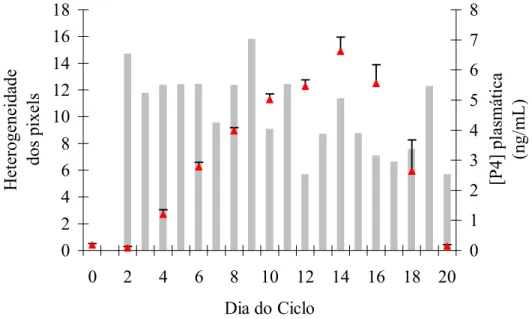 Figura 4. Média±EPM da [P 4 ] plasmática ( ▲ ) e da heterogeneidade dos pixels (colunas)  durante o ciclo estral natural em bovinos