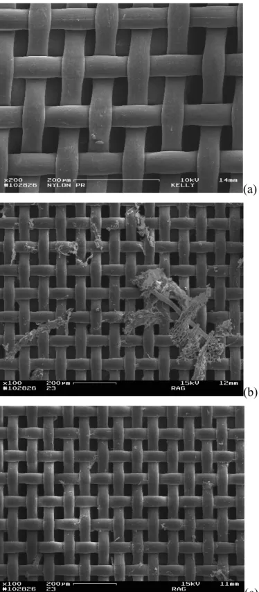 Figura 1 - Microfotografias eletrônicas de varredura do tecido nylon pré-incubação (a)  (200x), pós-incubação (b) (100x) e pós-tratamento com detergente neutro (c)  (100x)