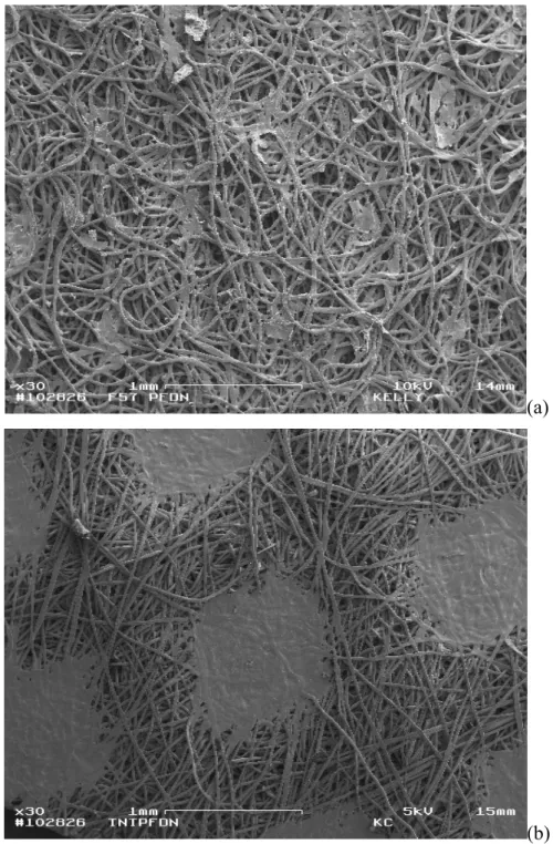 Figura 4 - Microfotografia eletrônica de varredura dos tecidos F57 (a) (30x) e TNT (b)  (30x) pós-tratamento com detergente neutro