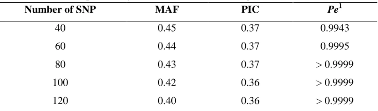 Table  1.  Minor  allele  frequency  (MAF),  polymorphic  information  content  (PIC),  and  combined exclusion probability (Pe) for the different SNP panels 