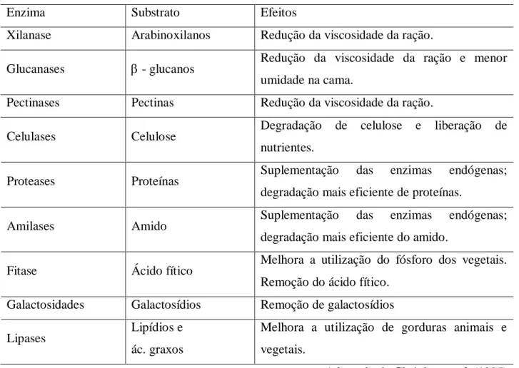Tabela 1  – Resumo de enzimas utilizadas na ração de aves 