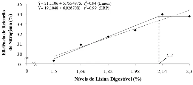 Figura 4 – Representação gráfica da eficiência de retenção de nitrogênio de alevinos de tilápia  do Nilo, em função do nível de lisina digestível da dieta