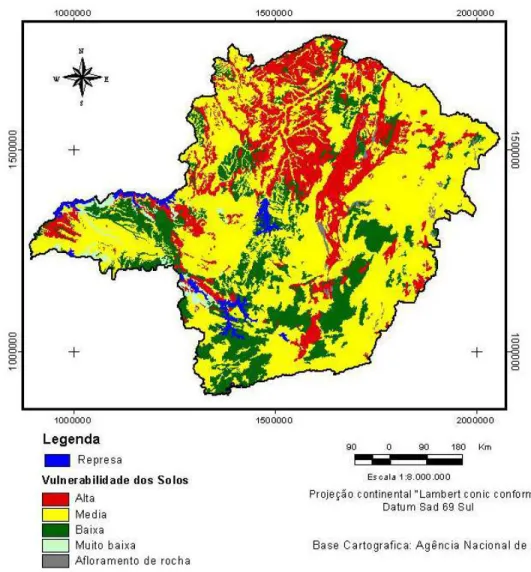 Figura 8 – Mapa de vulnerabilidade dos solos do estado de Minas Gerais à contaminação por metais pesados.