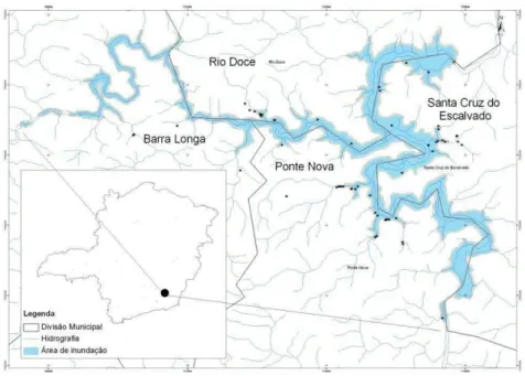 Figura  1  –  Localização  da  área  de  estudo,  onde  pode  ser  observado  o  tamanho  do  espelho  d‟água  a  ser  gerado,  os  pontos  em  preto  representam  as  propriedades  a  serem  atingidas  NACAB (2008)