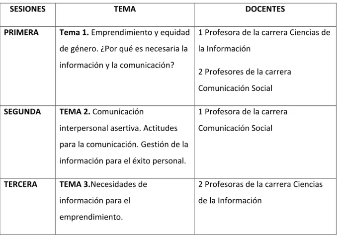 Tabla 1 –  Organización de temas del curso de capacitación