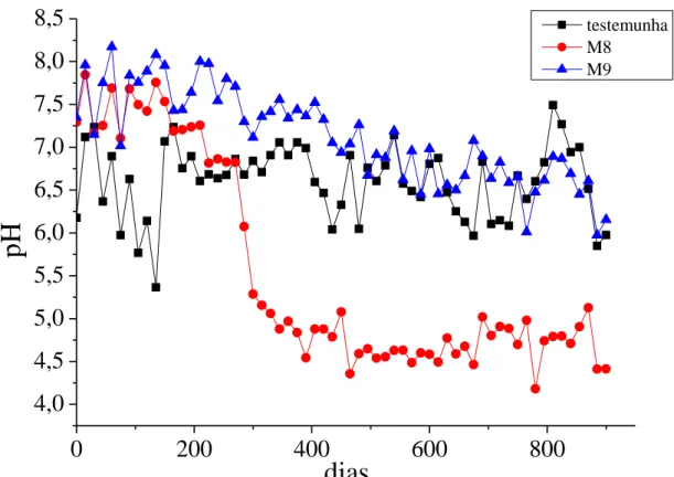 Figura  5:  Valores  de  pH    das  soluções  lixiviadas  das  colunas,  ao  longo  do  experimento  (900  dias) para as amostras M8 e M9