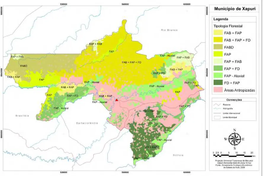 Figura 2. Distribuição da tipologia florestal no município de Xapuri, Acre (ACRE, 2010)