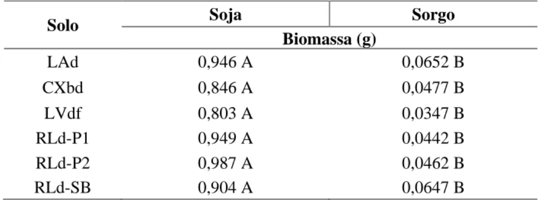Tabela 6 – Resultados de biomassa das plântulas de soja e sorgo cultivadas nos solos  CXbd,  LAd,  LVdf,  RLd-P1,  RLd-P2  e  RLd-SB;  Médias  seguidas  de  uma  mesma  letra  não  diferem  entre  si  pelo  teste  de  Tukey- Kramer  com  α  =  0,05