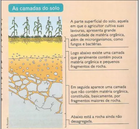 Figura 6 - As camadas do solo  ilustrada no Livro 15 - Geografia – Espaço e Vivência 6º Ano; p