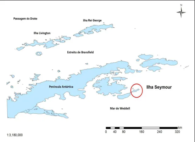 Figura 1: Localização da Ilha Seymour no contexto da Antártica Marítima e  Península Antártica 