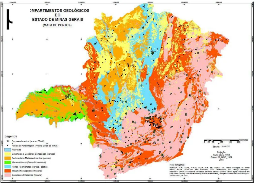 Figura 7  – Mapa de compartimentos geológicos de Minas Gerais (modificado de Heinech et al.,2003) 