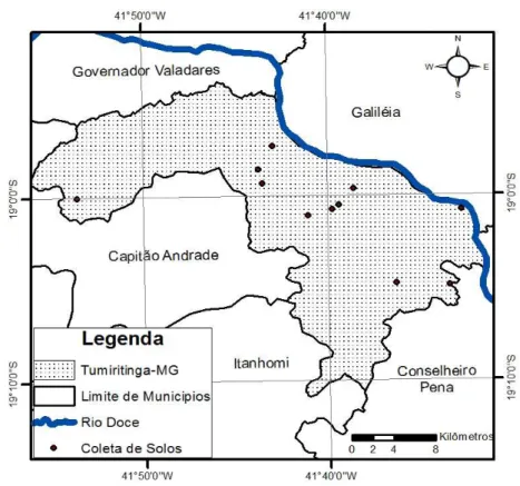 Figura 1: Localização dos pontos de coleta de solos no município de Tumiritinga 