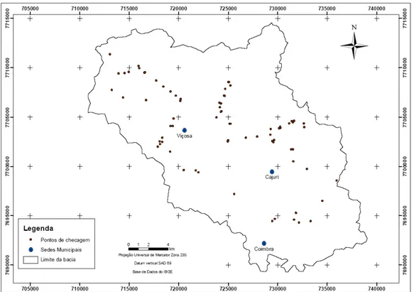 Figura 7 - Localização dos 75  pontos de amostragem de solos usados para checagem de  campo dos mapas produzidos