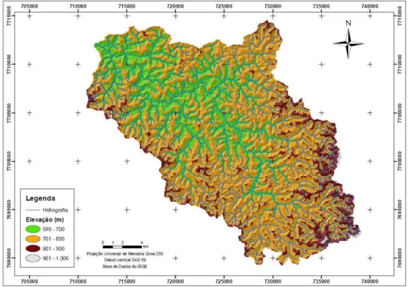 Figura 8 - Modelo Digital de Elevação do terreno da Bacia hidrográfica do Rio Turvo Sujo  –  MG
