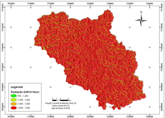 Figura 10 - Radiação solar global estimada que atinge anualmente a bacia hidrográfica do  Rio Turvo Sujo  – MG