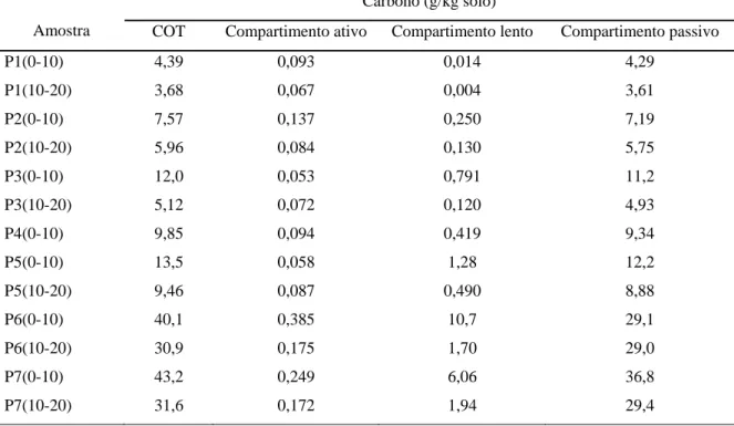 Tabela 06 – Teores de COT e dos compartimentos (ativo, lento e passivo) da matéria  orgânica em solos da Antártica