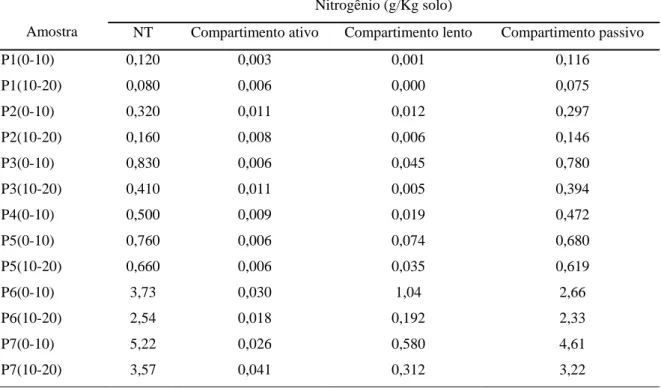 Tabela 07 – Teores do N total e dos compartimentos (ativo, lento e passivo) da  Matéria Orgânica em solos da Antártica