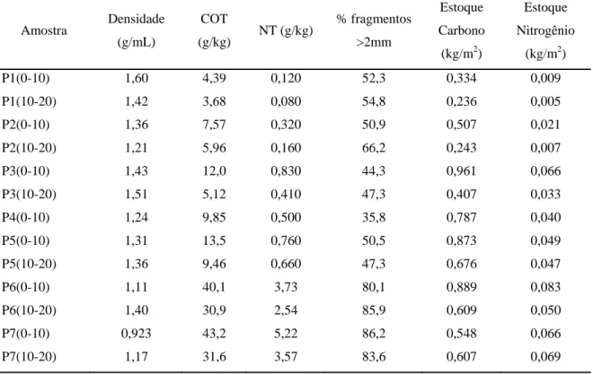 Tabela 08 – Estoque de C e N das amostras de solos da Antártica (considerando-se  profundidades de 0 a 10 cm e 10 a 20 cm)