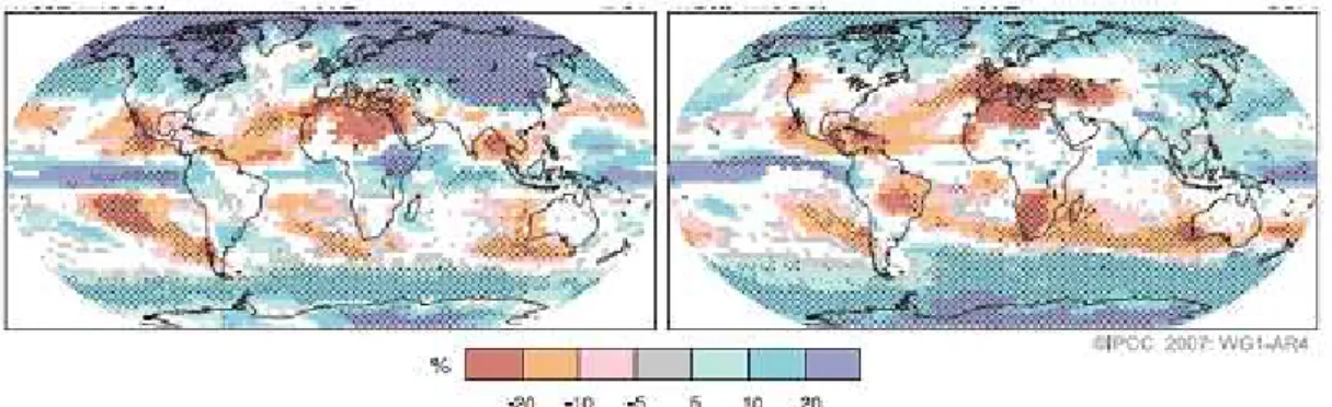 figura 1 é apresentada a projeção para precipitação, estimada pelo IPCC,  para o cenário SRES (Special Report on Emissions Scenarios) A1B