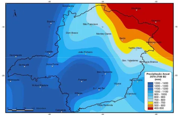 Figura 5. Valores de precipitação total anual, cenário B2, para o estado de  Minas Gerais