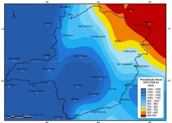 Figura 6. Valores de precipitação total anual, cenário A2, para o estado de  Minas Gerais