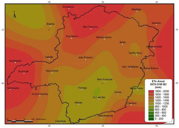Figura 8. Evapotranspiração potencial anual, cenário B2, para o estado  de Minas Gerais
