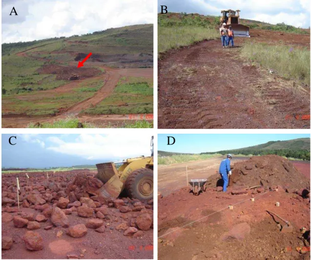 Figura 5 – A) Decapeamento da canga da área de empréstimo. B) Disposição sobre a  pilha