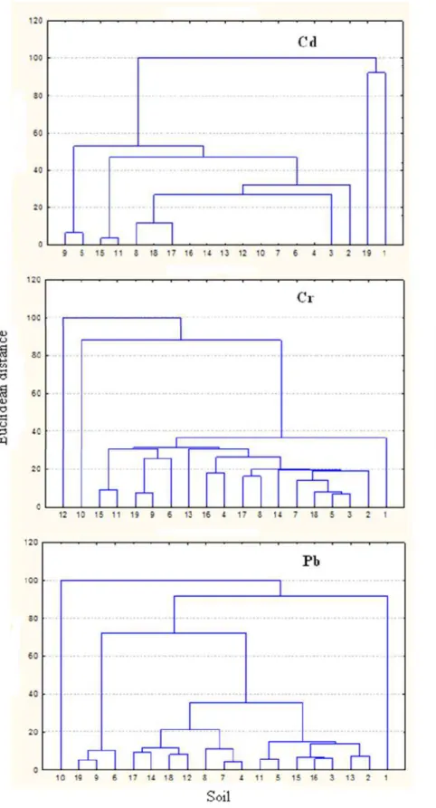 Figura 12. Dendrograma resultante da análise de agrupamento hierárquico, mostrando  a formação de grupos de acordo com a adsorção de Cd, Cr e Pb em solos incubados com  CMA Ni