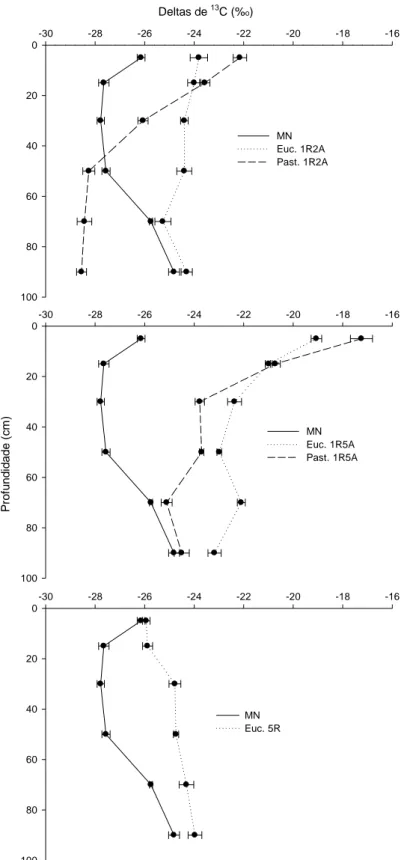 Figura 5. Distribuição da abundância natural do  13 C na MAM de solos nas  diferentes profundidades na mata nativa (MN), eucalipto 1ª rotação com  dois anos de idade (Euc