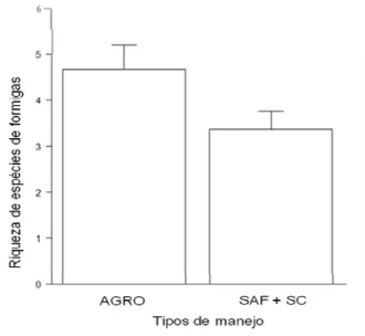 Figura 6: Relação entre a riqueza de  espécies de formigas e o tipo de manejo.  AGRO = sistema agroecológico, SAF+  SC = sistemas agroflorestal e  convencional