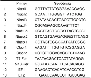 Tabela 1 –  Descrição dos oligonucleotídeos utilizados no seqüenciamento e estudo da regulação  do gene  nit 1 Primer Seqüência 1 Niacl1 GGTTATTATGGGAAACGAGC 2 Niacl2 GCAATTTGGGGTTATCTGG 3 Niacl3 CTATAAGACTGACCTTCCCTC 4 Niacl4 CGCAGAAGCCAAGTTTCT 5 Niacl3b 