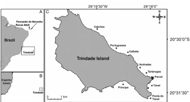 Figura  1.  Localização  geográfica  da  Ilha  da  Trindade.  A  e  B.  Ilha  da  Trindade  em  relação  à  costa  do  Brasil;  C