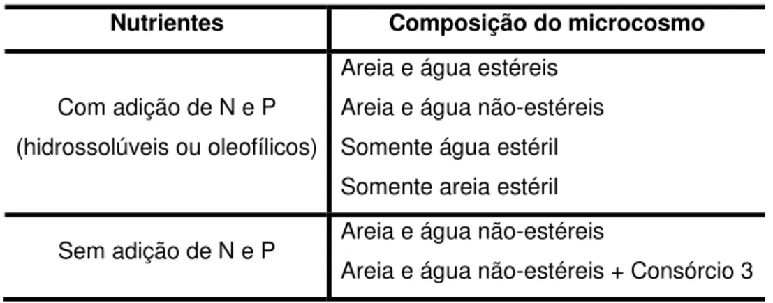 Tabela  2:  Controles  experimentais  estabelecidos  no  estudo  comparativo  de  fontes  hidrofílicas  e  oleofílicas  de  N  e  P  como  estimulantes  de  biorremediação  em  microcosmos de areia de praia e água marinha contaminados com petróleo cru 