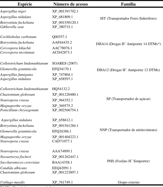 Tabela  3.  Espécies  fúngicas,  números  de  acesso  no  GenBank  e  família  das  proteínas  transportadoras MFS, cujas sequências de aminoácidos foram utilizadas neste trabalho