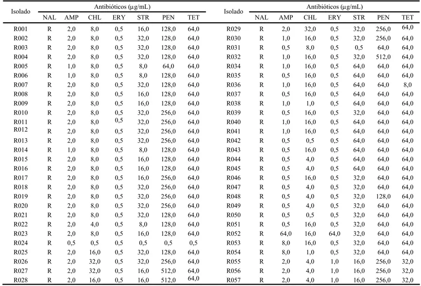 Tabela 6 - Concentração inibitória mínima para os sete antibióticos testados dos 97 isolados do rúmen de bovino de  leite 