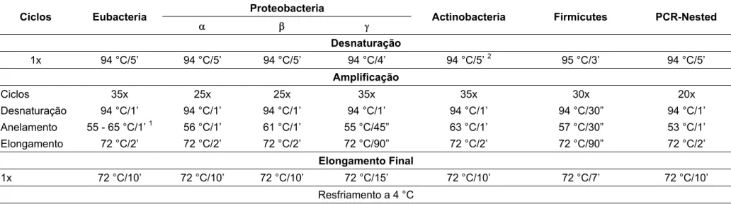 Tabela 3 – Condições das PCRs realizadas em termociclador Eppendorf ®  Mastercycler Gradient (Eppendorf, Hamburg – Germany)  para amplificar os fragmentos de 16S rDNA  para análises de Eubacteria e PCR-Nested  para grupos específicos de  α-Proteobacteria, 