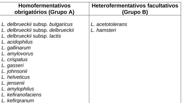 Tabela 1 – Classificação de Lactobacillus. Grupo L. Delbrueckii.  Homofermentativos 