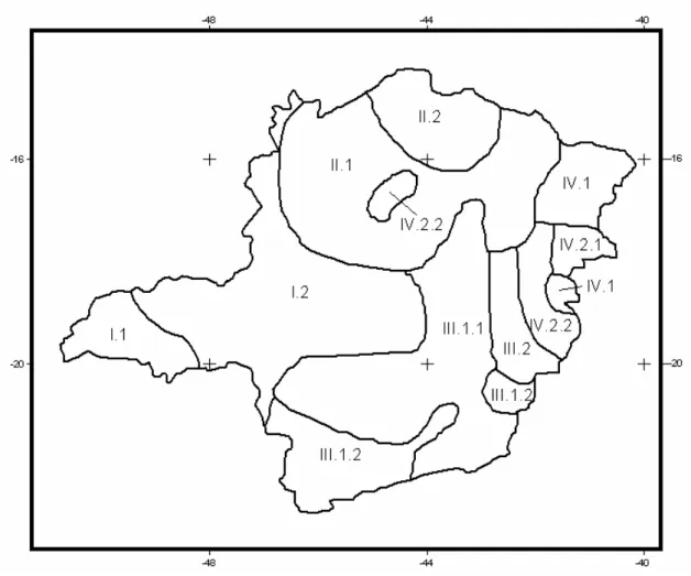 Figura 2 – Regiões  climaticamente  homogêneas do Estado de Minas Gerais de  acordo com Aspiazu et al