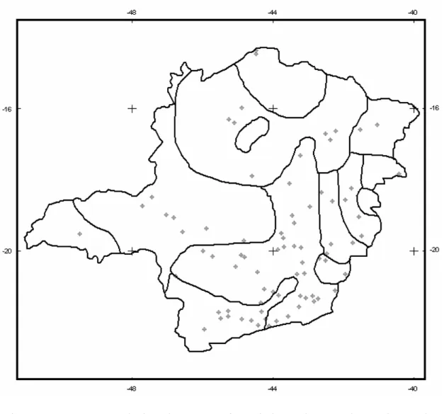 Figura 3 – Estações  selecionadas  georreferenciadas, dentro de cada região  climaticamente homogênea do Estado de Minas Gerais