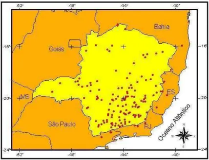 Figura 3. Localização geográfica das estações pluviométricas estudadas no Estado  de Minas Gerais