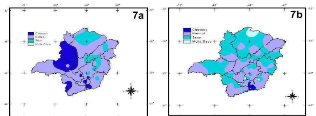 Figura  7.  Influência  dos  fenômenos  El  Niño  (7a)  e  La  Niña  (7b)  na  precipitação  total durante o período chuvoso