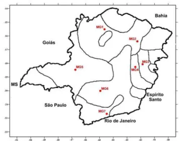 Figura  9.  Localização  das  sete  estações  selecionadas  e  delimitadas  pelas  regiões  climaticamente homogêneas, definidas por ASPIAZU et al