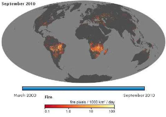 Figura 1. Localização das queimadas mundial com base mensal. Nesta imagem,  destacam-se os incêndios em setembro de 2010